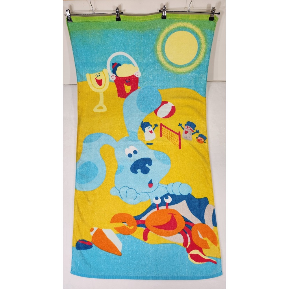 Vintage 1999 Blues Clues Beach Towel Blue Dog Crab Beach Scene 100% Cotton